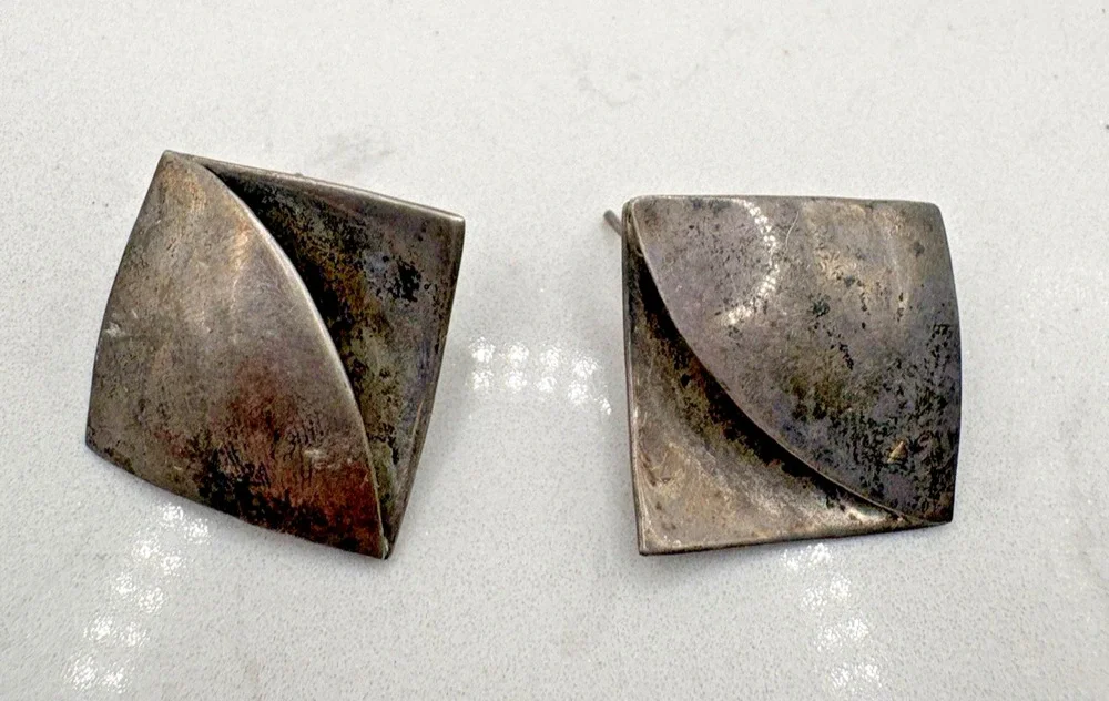 Mexico Sterling Silver Modernist Geometric Earrings Signed Handmade Vtg 13.8g